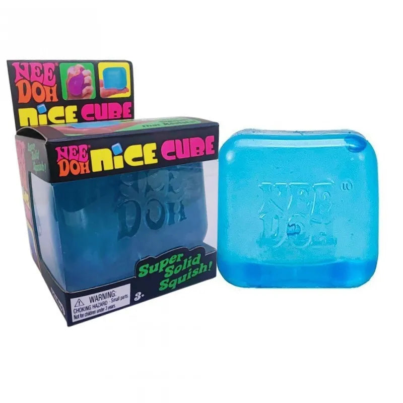 A blue cube sensory fidget toy labeled Nee Doh Nice Cube for stress relief