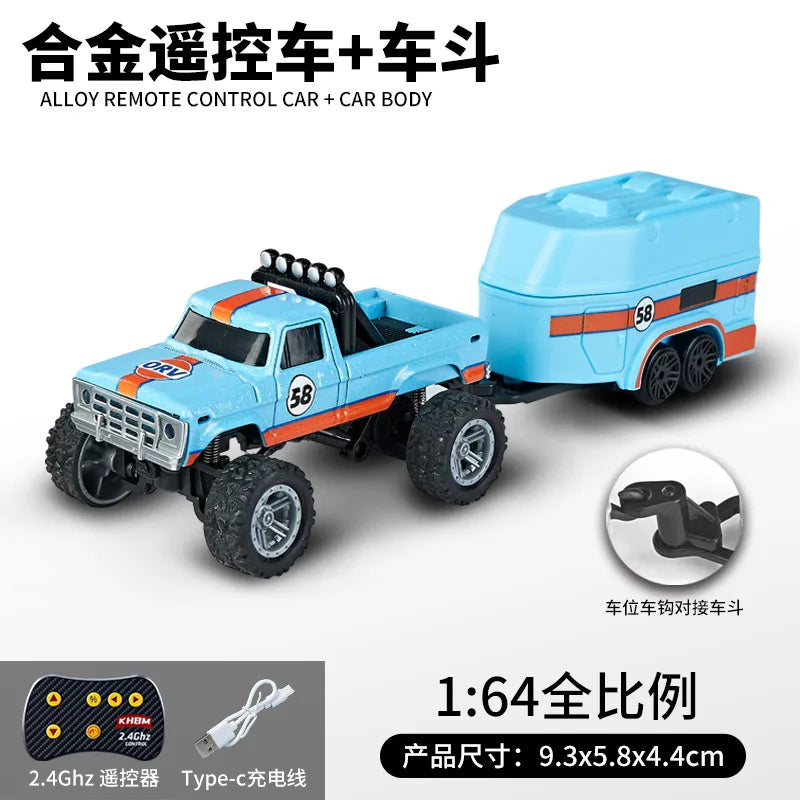 A blue 1:64 scale alloy remote control car with a separate car body, featuring off-road tires and LED lights.