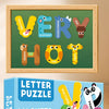 A wooden educational puzzle featuring letters and animals like elephant, tiger, and yak for early childhood learning.