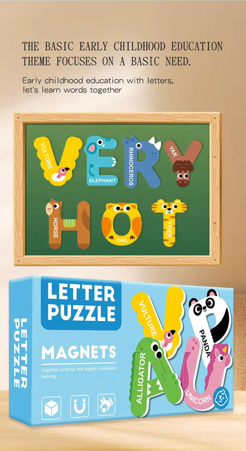 A wooden educational puzzle featuring letters and animals like elephant, tiger, and yak for early childhood learning.