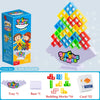 A colorful stacking game featuring building blocks, a tray, a base, and cards for a fun party activity.