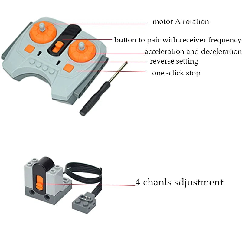 A gray motor and servo set with various buttons and adjustment channels for building blocks.