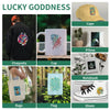 A collection of products including a cap, mug, pillow, flag, and shoes featuring a lucky goddess design.