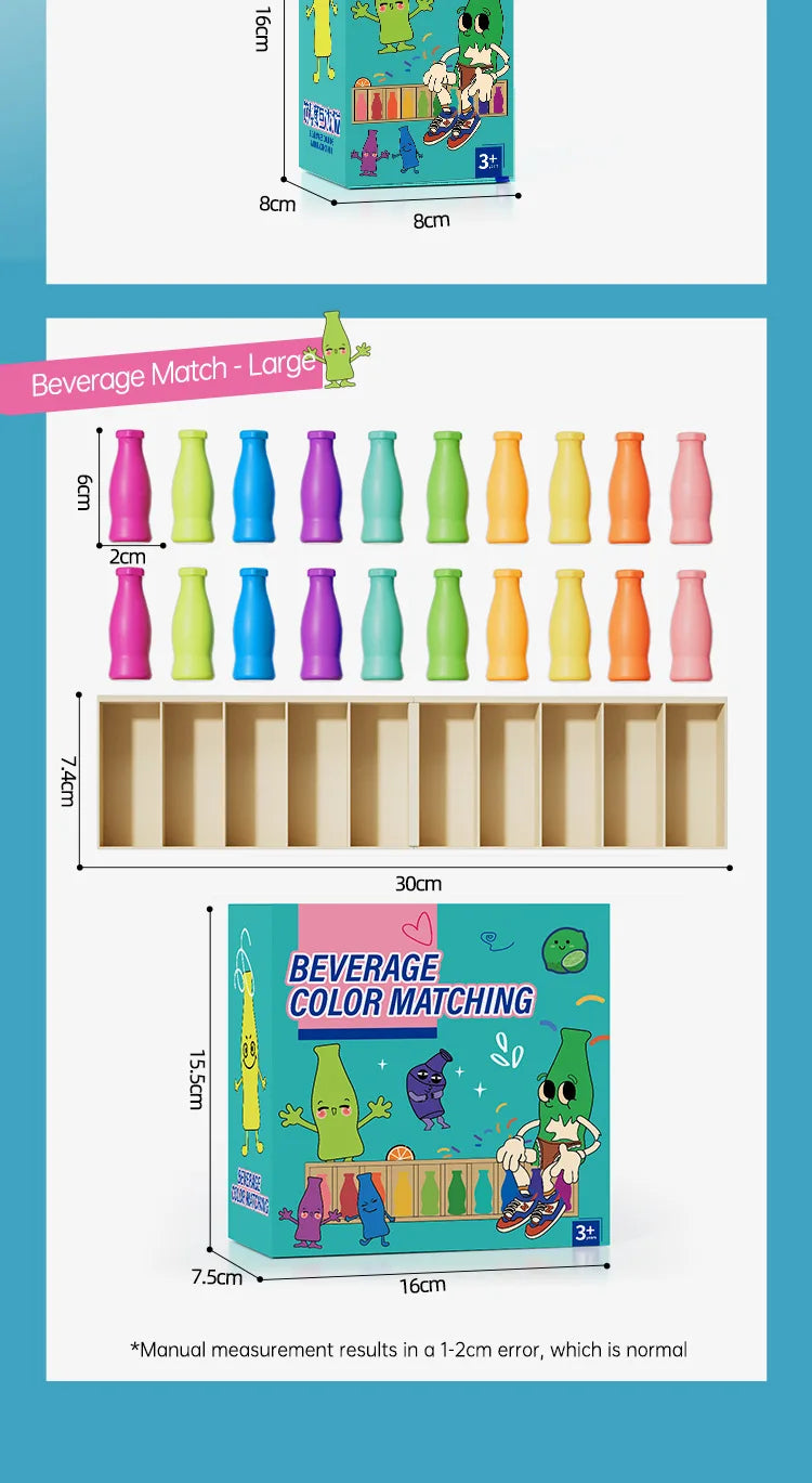 A box of beverage color matching game featuring various colored bottles and corresponding match cards.