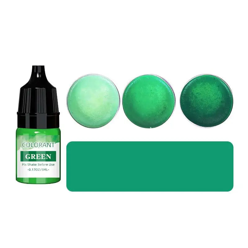 A set of three shades of green liquid colorant for DIY wax projects, including a dropper bottle and a rectangular swatch.