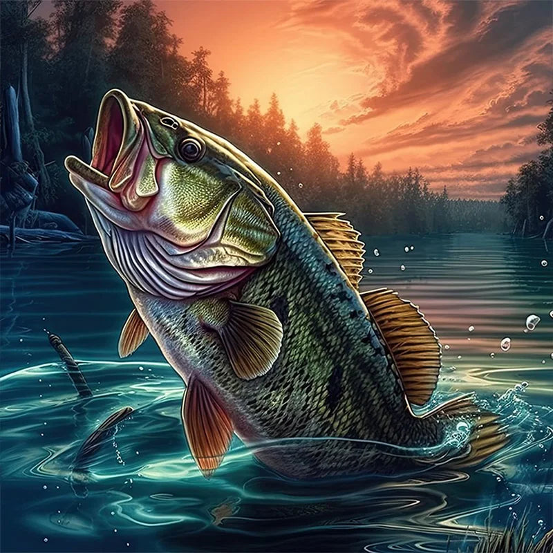 A large, realistic fish swimming in dark blue water against a sunset background.
