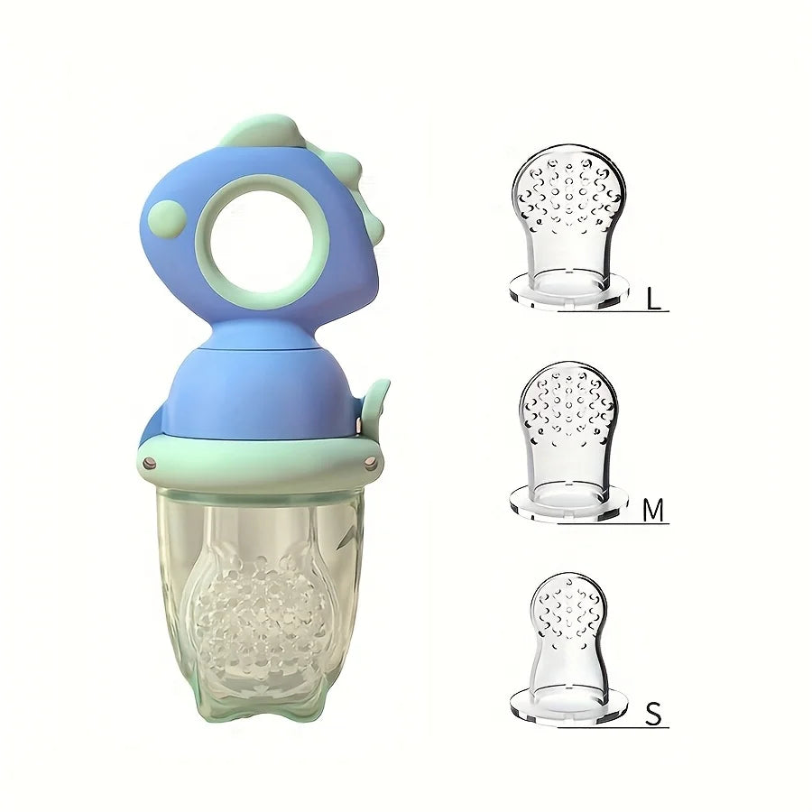 A set of three silicone fruit feeders in light blue and green, with varying sizes labeled S, M, and L.