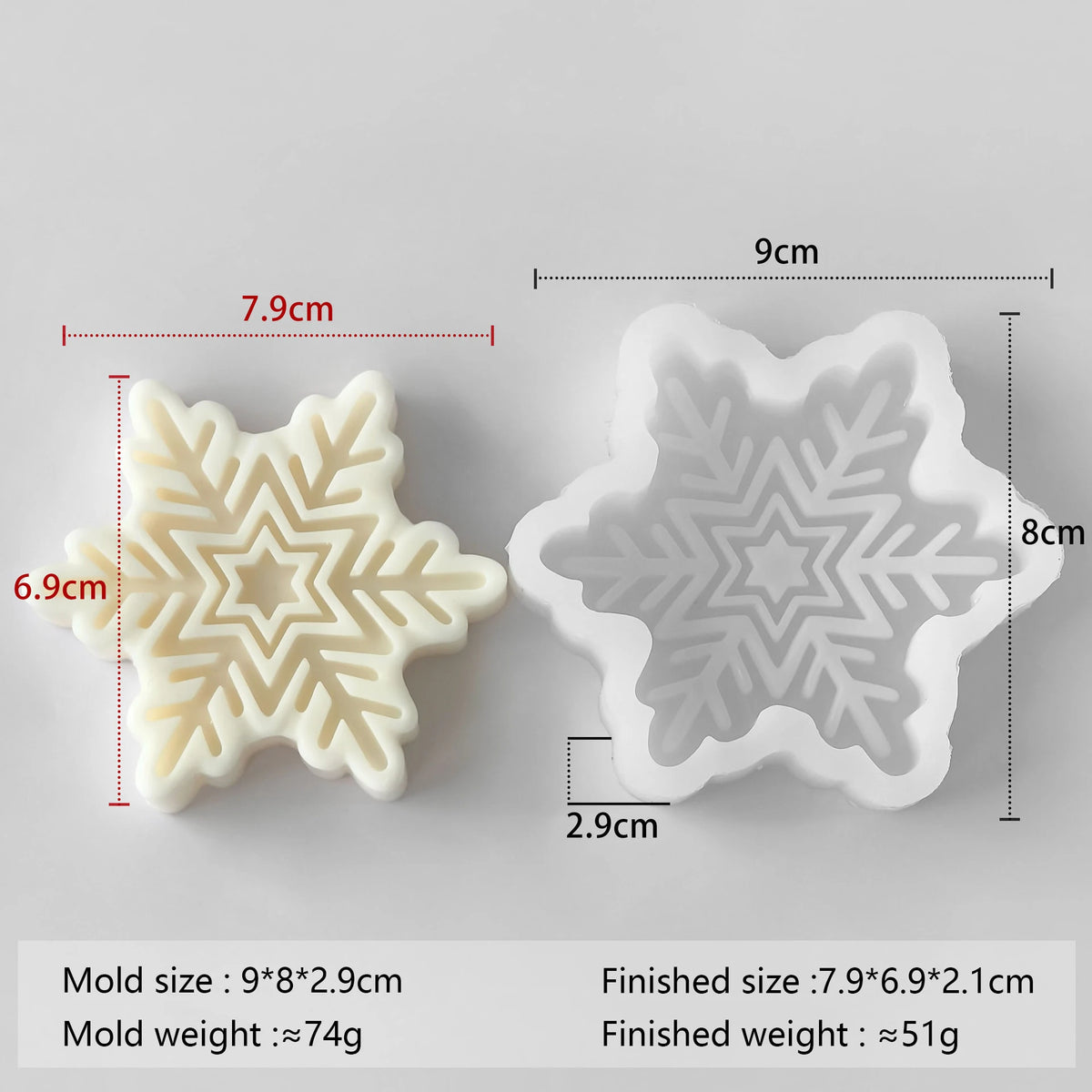 A white silicone mold shaped like a snowflake, showing its dimensions and weight.