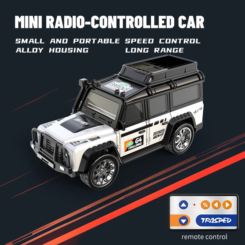 A black and white mini radio-controlled car with alloy housing is shown on a dark background.