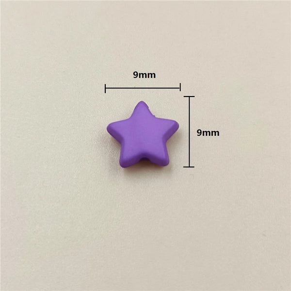 A purple acrylic star bead with dimensions marked at 9mm.