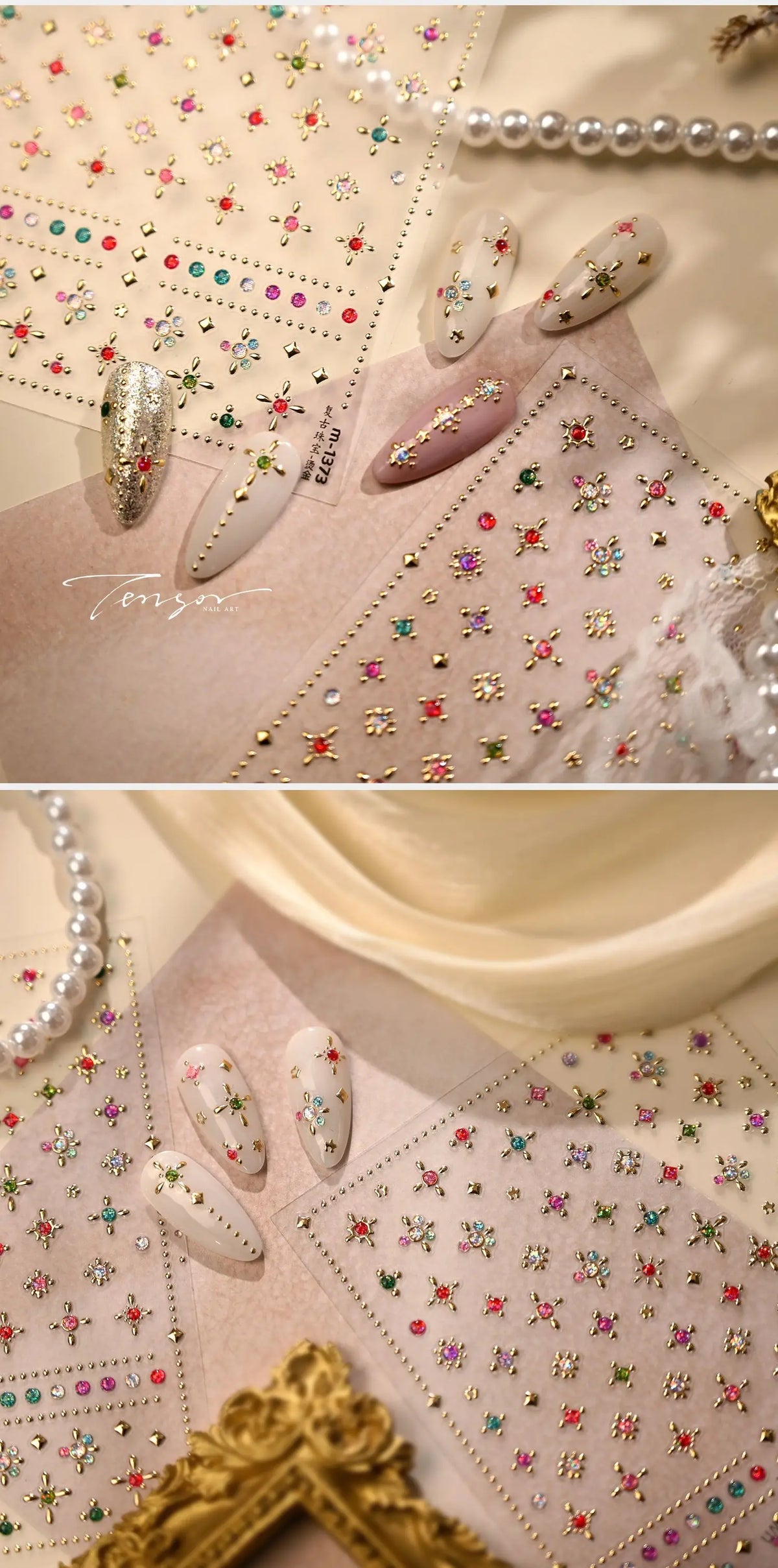 Close-up of sparkling 5D diamond nail art stickers on a translucent background with pearl strands.