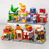 A set of mini city shop buildings made from building blocks featuring various colorful structures and accessories.