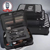 A black waterproof barber shop kit featuring various grooming tools and a matching storage bag.