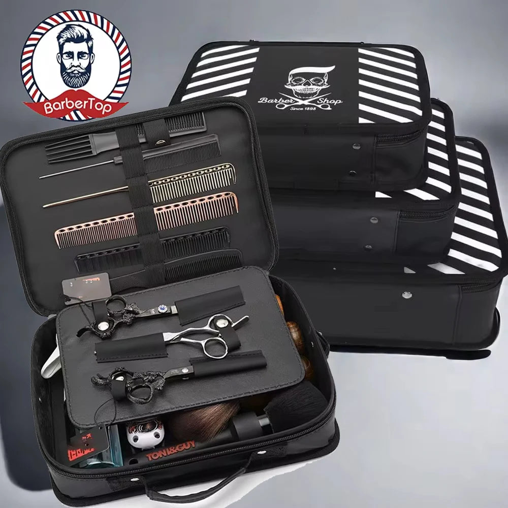 A black waterproof barber shop kit featuring various grooming tools and a matching storage bag.