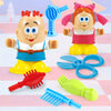 A set of colorful dough tools including a hairbrush, comb, and scissors for a kids play set.