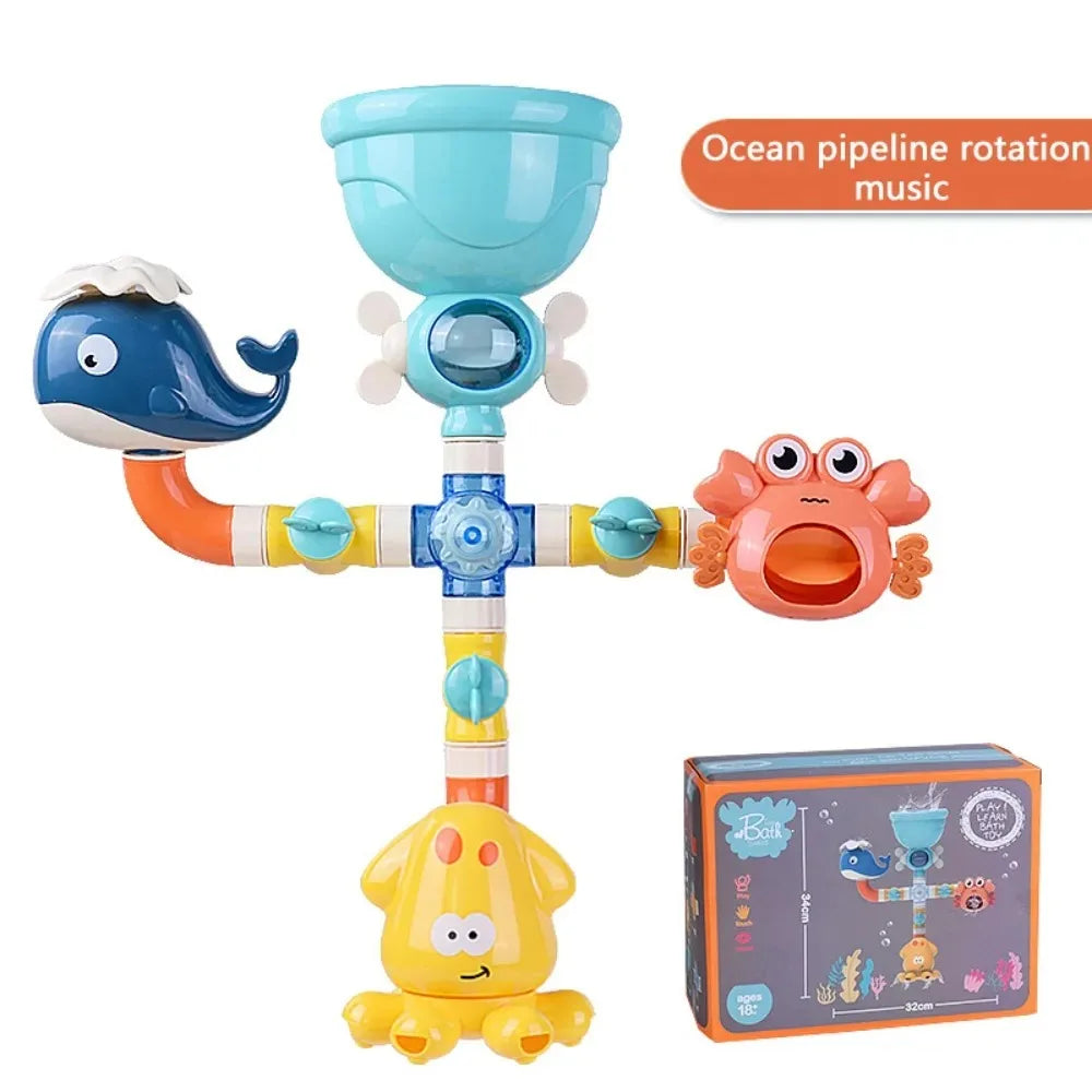 A set of ocean pipeline rotation music bath toys featuring a blue dolphin, an orange frog, and a yellow duck.