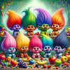 A vibrant collection of clay figures in various colors and textures arranged in a lush, colorful forest setting.