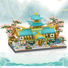A detailed micro building block set of a retro Chinese villa with a tiled roof, courtyard, and surrounding garden scenery.