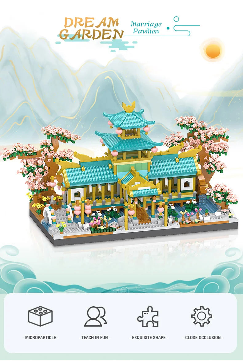 A detailed micro building block set of a retro Chinese villa with a tiled roof, courtyard, and surrounding garden scenery.