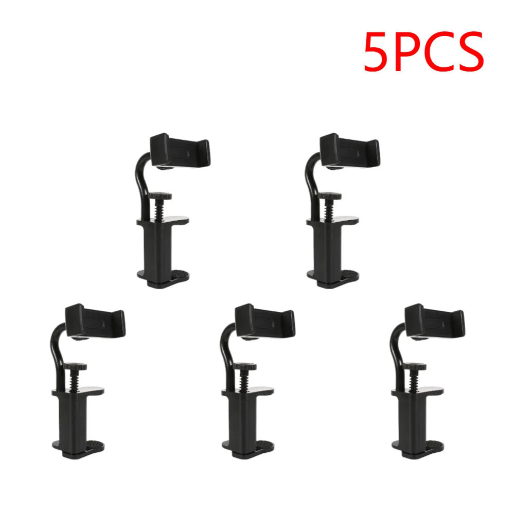Five black adjustable guitar phone holders for hands-free streaming and recording
