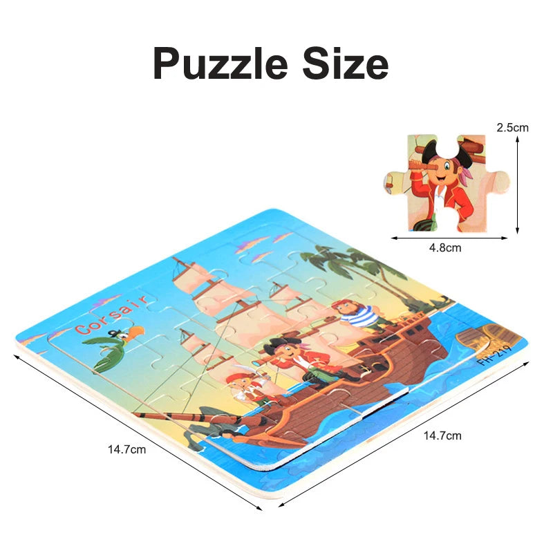 A wooden animal and vehicle jigsaw puzzle set featuring a pirate ship and sea animals.