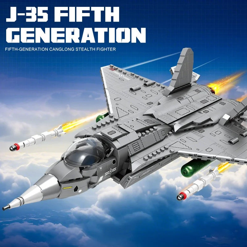 A detailed model kit of the J-35 Fifth Generation Canglong Stealth Fighter jet in flight against a blue sky.