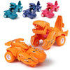A collection of dinosaur transforming cars in various colors including blue, green, and pink.