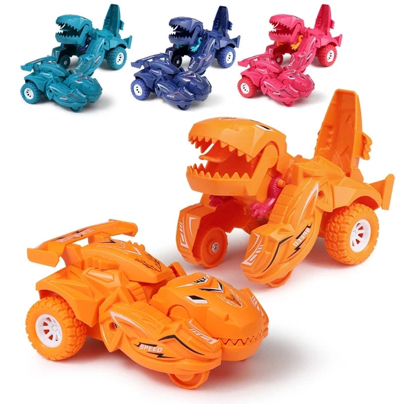 A collection of dinosaur transforming cars in various colors including blue, green, and pink.