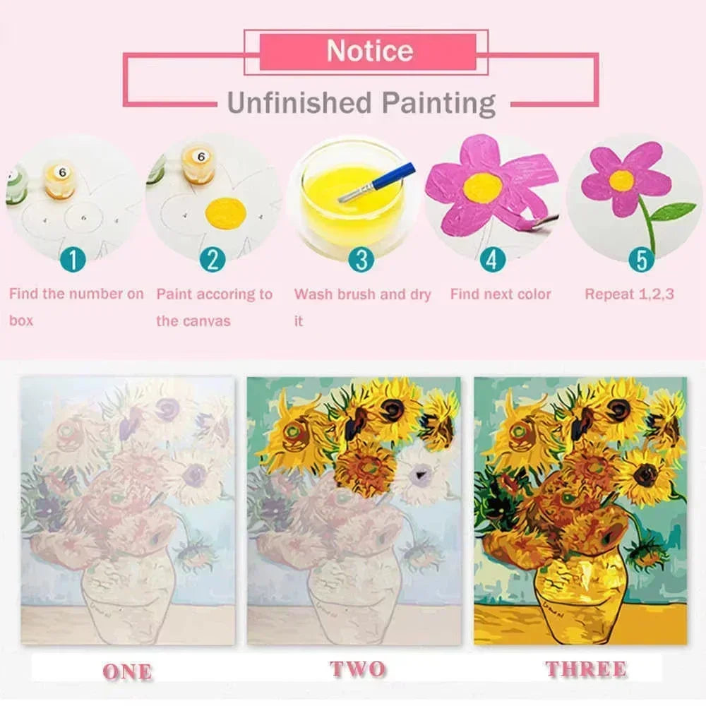 Paint by numbers kit showing three completed paintings of cherry blossom landscapes labeled one, two, and three.