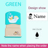 A light blue waterproof labeling stamp with a beige handle and black ink, used for custom kids names.