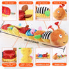 A soft musical rattle caterpillar plush toy with colorful feet and a cute squeak, shown in various designs.