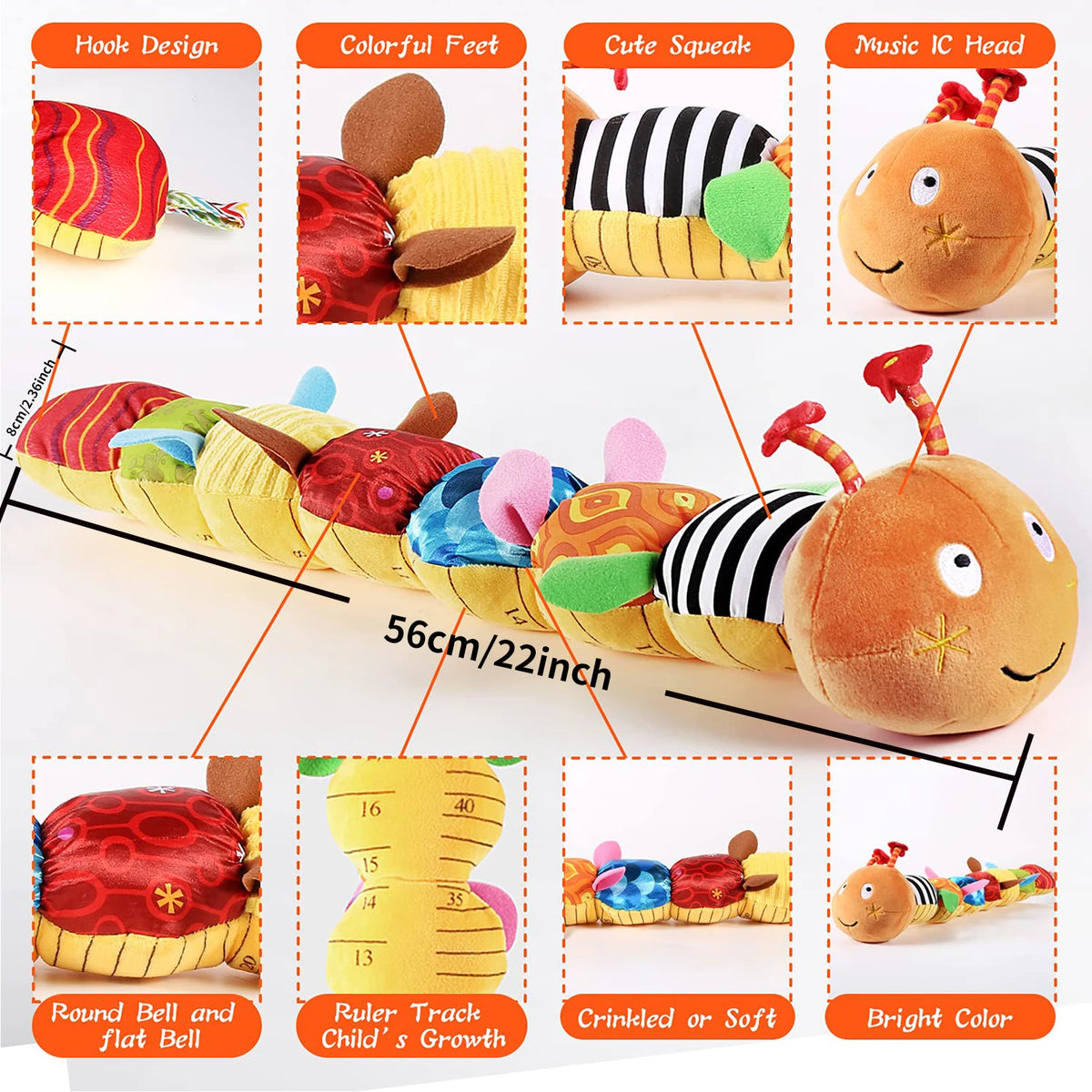A soft musical rattle caterpillar plush toy with colorful feet and a cute squeak, shown in various designs.
