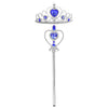 A silver and blue royal crown and scepter set for a princess dress-up playset