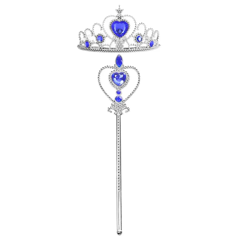 A silver and blue royal crown and scepter set for a princess dress-up playset