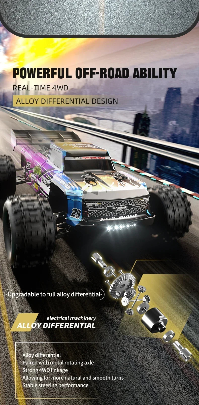 A yellow and black 1:14 scale 4WD brushless RC monster truck with an alloy differential design.