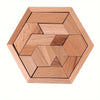 A wooden hexagon puzzle made of interlocking triangular pieces.