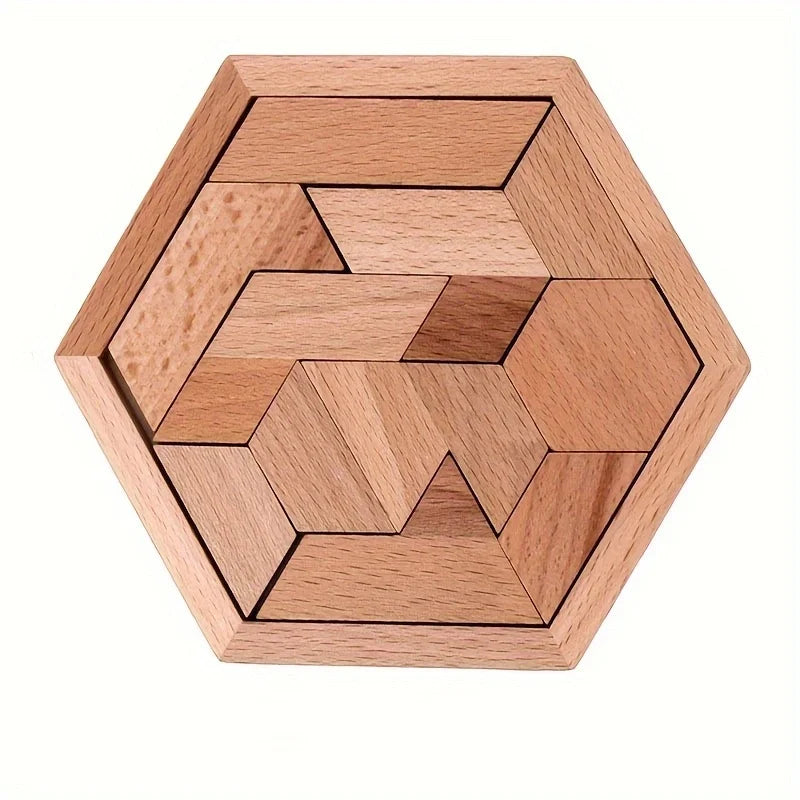 A wooden hexagon puzzle made of interlocking triangular pieces.