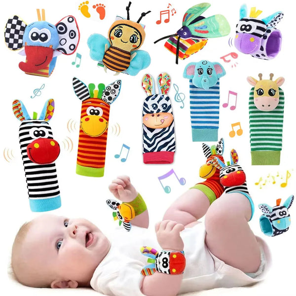 A collection of colorful sensory wrist rattles and socks for infants, including animal shapes and musical notes.