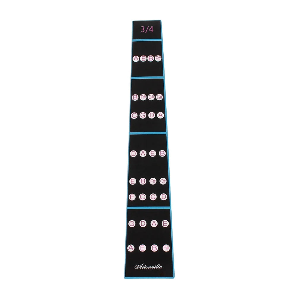 A black and blue violin fretboard note sticker showing the notes A, B, C, D, E, F, G.