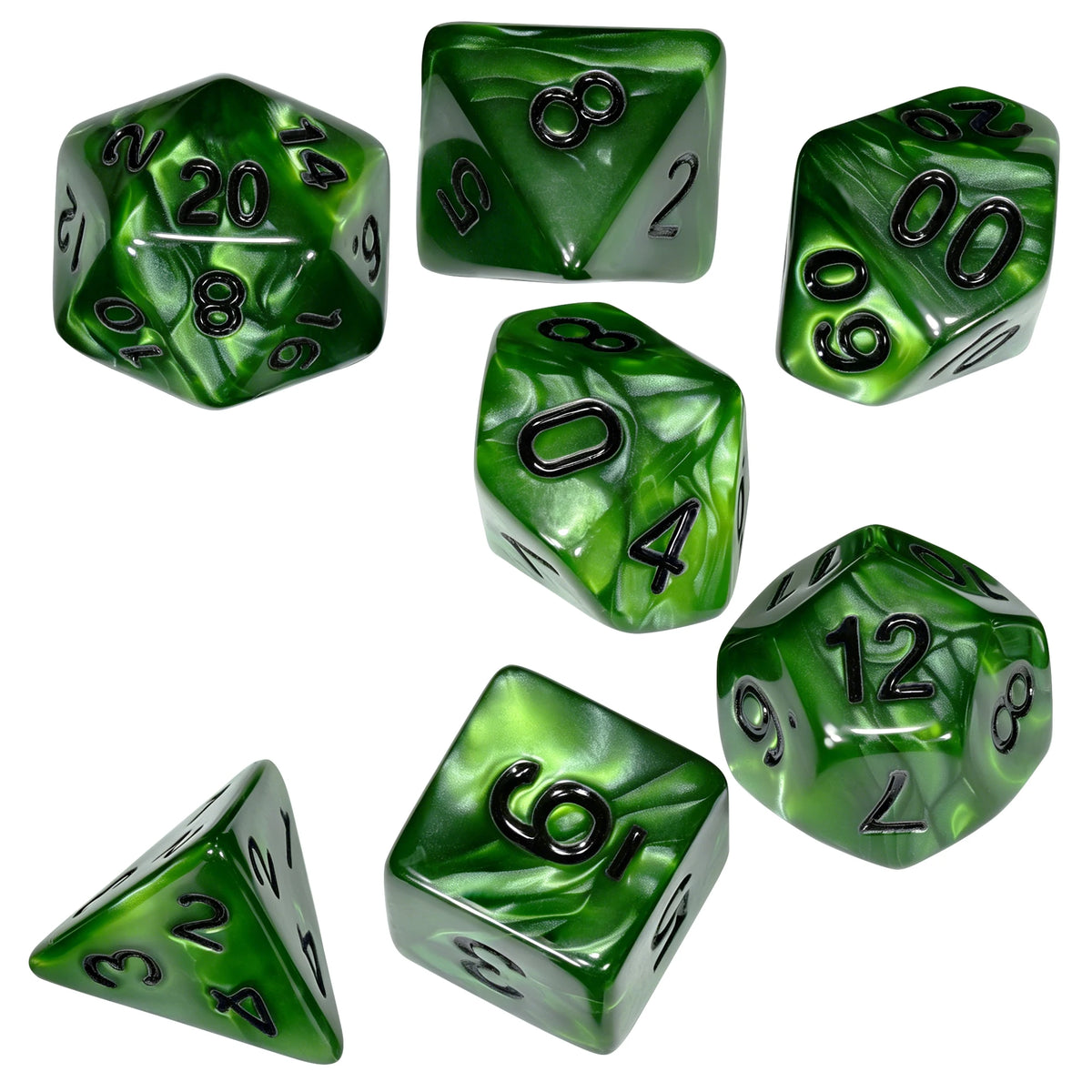 A set of seven green marble effect polyhedral dice showing various numbers and angles.