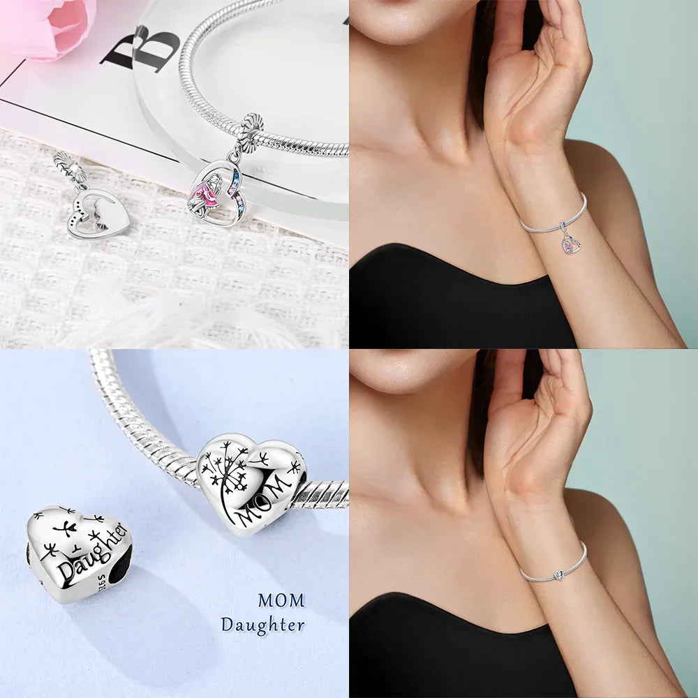 Silver-Plated Heart Charm Bead with Cubic Zirconia for Bracelets and DIY Jewelry
