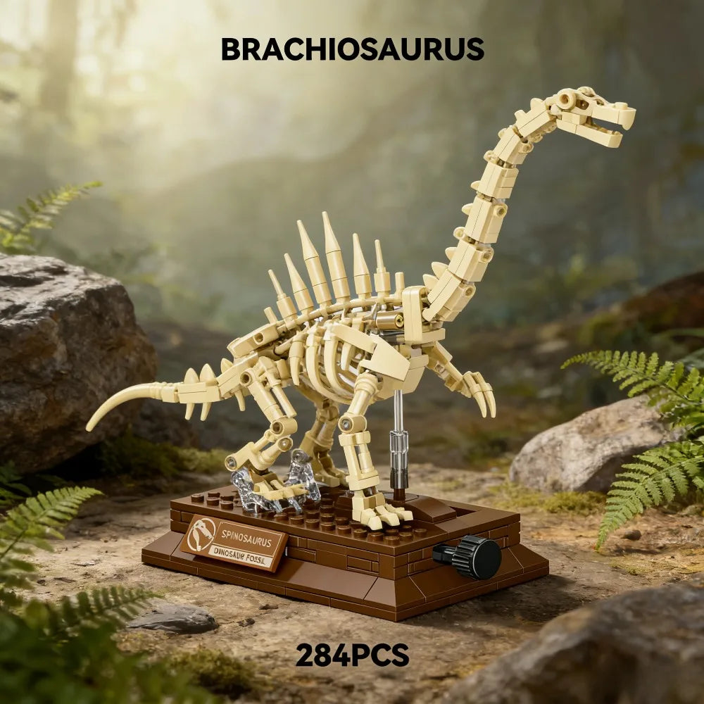 A detailed Brachiosaurus dinosaur model built from wooden building blocks displayed in a natural outdoor setting.