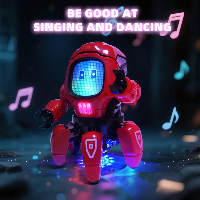 A red interactive dancing duck robot toy with glowing blue eyes and lights on a dark surface.