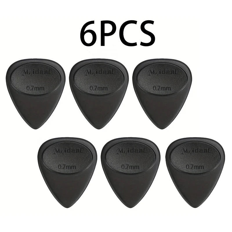 Six guitar picks with anti-slip grips, each measuring 0.7mm.