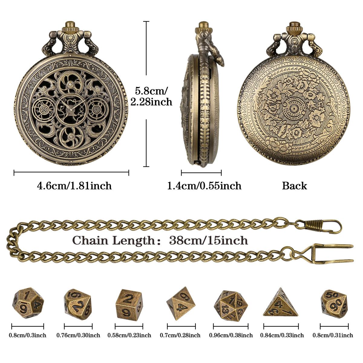 Vintage Pocket Watch Style Dice Set with 7 Polyhedral Metal Dice