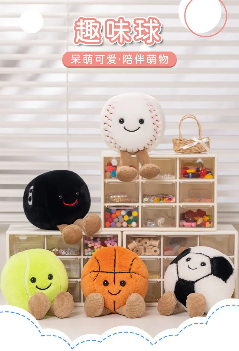 A collection of cute sports-themed plush dolls featuring various colors and designs.