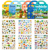 A colorful sticker book featuring dinosaur, ocean, wild animal, and farm scenes for kids
