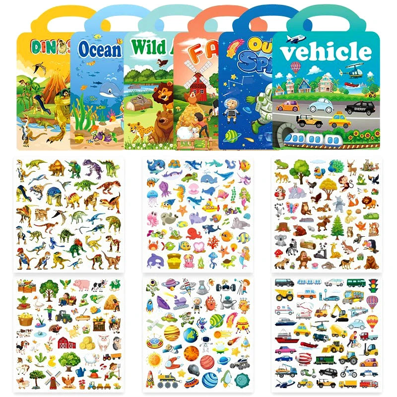 A colorful sticker book featuring dinosaur, ocean, wild animal, and farm scenes for kids