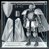 A silver articulated paladin action figure displayed in a clear box with various accessories.