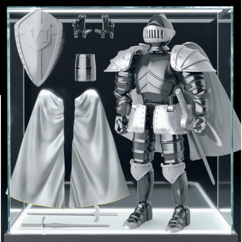 A silver articulated paladin action figure displayed in a clear box with various accessories.
